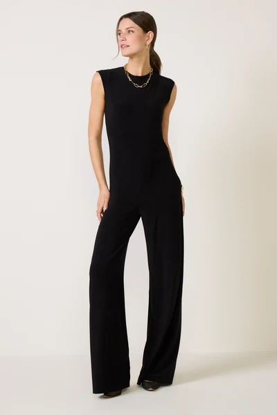 Black Blatextee Zireva Sleeveless Wide Leg Jumpsuit Sleek Minimal Relaxed Fit Style