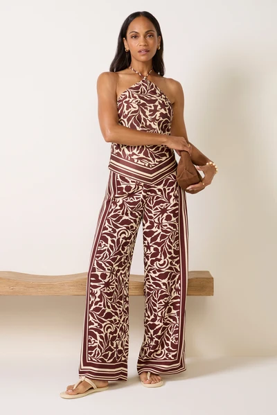 Burgundy Blatextee Zeloria Floral Halter Wide Leg Jumpsuit With Elegant Bohemian Pattern Design