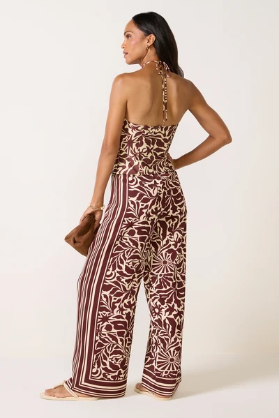 Burgundy Blatextee Zeloria Floral Halter Wide Leg Jumpsuit With Elegant Bohemian Pattern Design - Image 3
