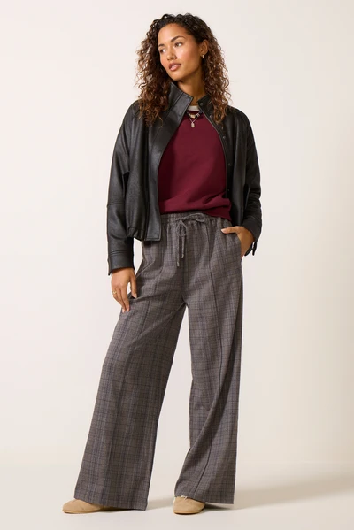 Gray Plaid Wide Leg Drawstring Trousers Blatextee Virelza Relaxed Casual Style