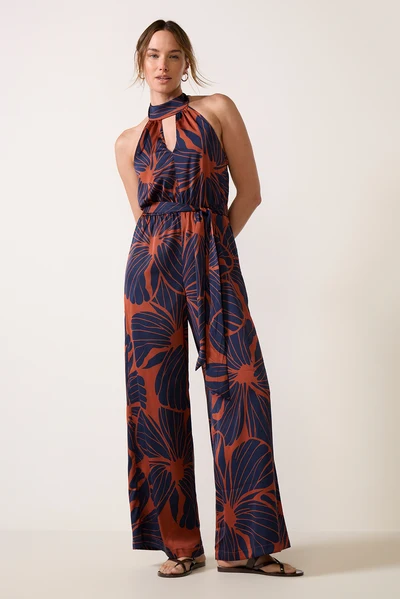Rust Floral Halter Wide Leg Jumpsuit With Blatextee Zorvella Tropical Print Style